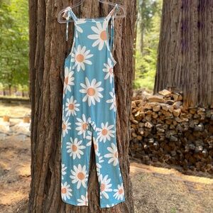 Women’s Small Floral Blue Jumpsuit with Daisy Print One Piece Overall Coverall
